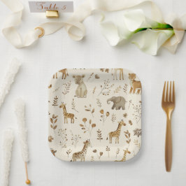 Plato De Papel Boho Animales de la jungla beige blanca