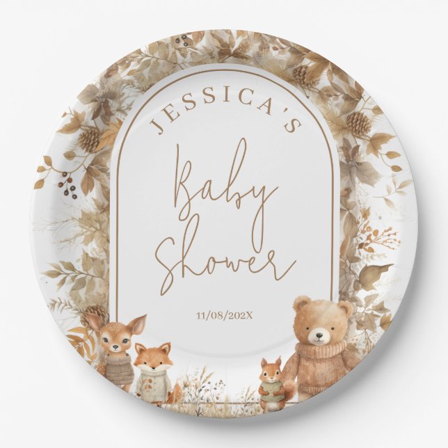 Plato De Papel Boho Arch Fall Woodland Animals Baby Shower (Anverso)