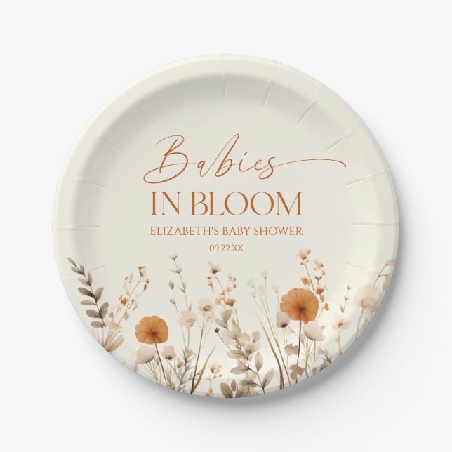 Plato De Papel Boho Babies En Bloom Wildflower Twins Baby Shower (Anverso)