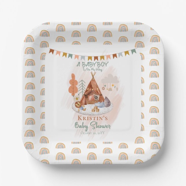 Plato De Papel Boho Baby Boy Teepee y Toys Baby Shower (Anverso)