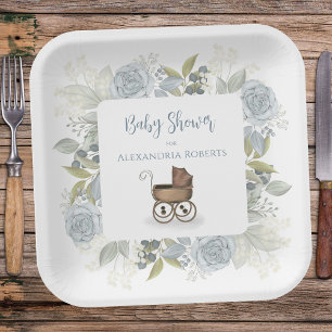 Plato De Papel Boho Baby Shower Botanical Floral Vintage Carriage