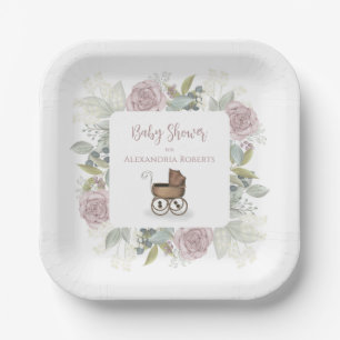 Plato De Papel Boho Baby Shower Pink Botanical Floral Vintage