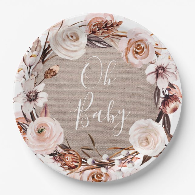 Plato De Papel Boho Baby Shower Plates Burlap Oh Baby (Anverso)