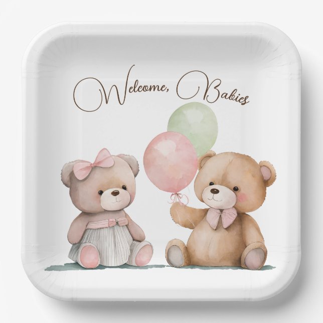 Plato De Papel Boho Baby Twin Teddy Bears (Anverso)