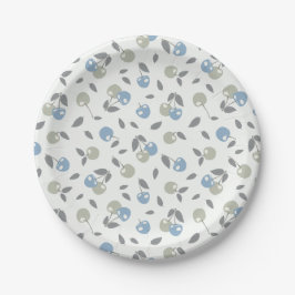 Plato De Papel Boho Beach Cherries - sage blue fruit pattern.