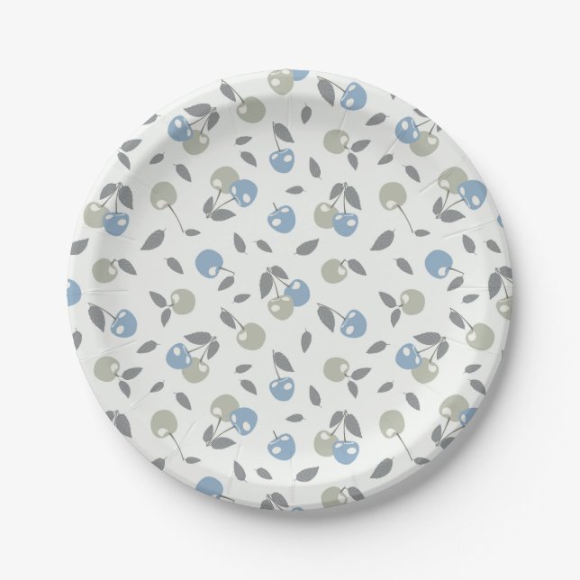 Plato De Papel Boho Beach Cherries - sage blue fruit pattern. (Anverso)