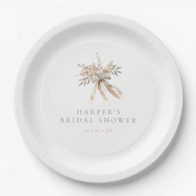 Plato De Papel Boho Beige & Sage Flowers & Bow Bridal Shower (Anverso)