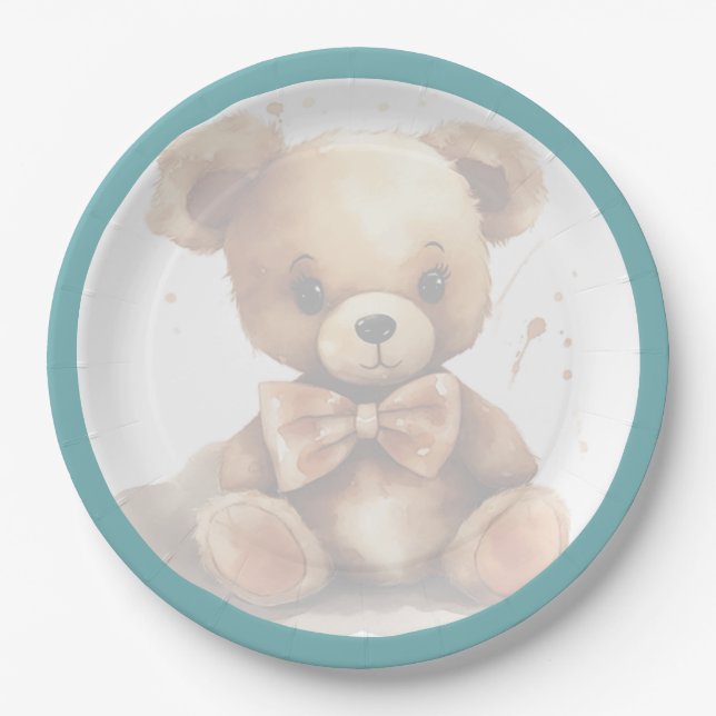 Plato De Papel Boho Blue Bear Baby Shower (Anverso)