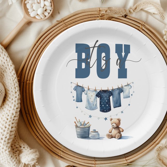 Plato De Papel Boho Blue Clothesline Sweet its a Boy Baby Shower (Subido por el creador)