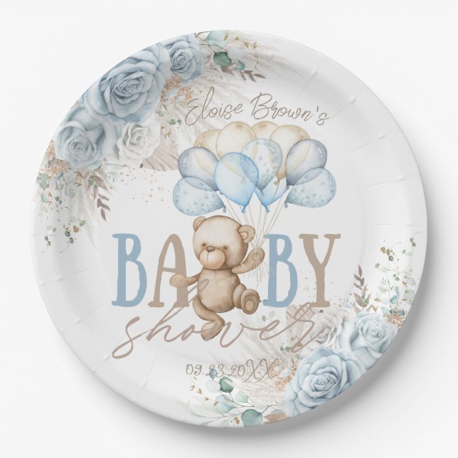 Plato De Papel Boho Blue Floral Pampas Teddy Bear Boy Baby Shower (Anverso)