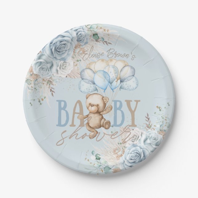 Plato De Papel Boho Blue Floral Pampas Teddy Bear Boy Baby Shower (Anverso)
