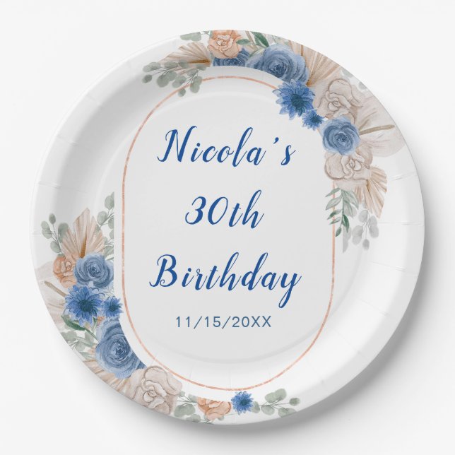 Plato De Papel Boho Blue Pampas Grass Cumpleaños (Anverso)