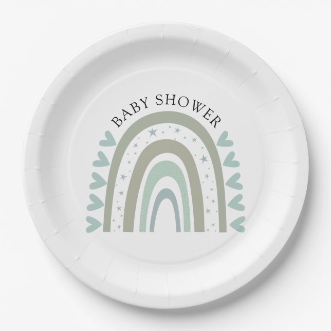 Plato De Papel Boho Blue Rainbow Baby Shower (Anverso)