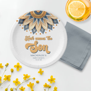 Plato De Papel Boho Blue Sunflower Retro Typography Baby Shower