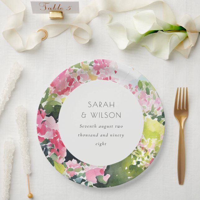 Plato De Papel Boho Boda de Bougainvillea Verde Rosa (Boda)