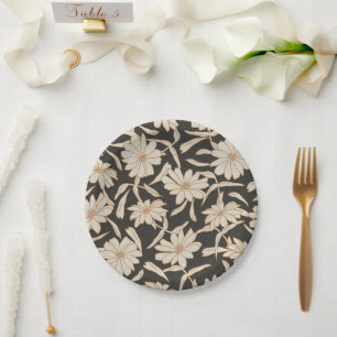 Plato De Papel Boho Boda moderno de marfil negro botánico
