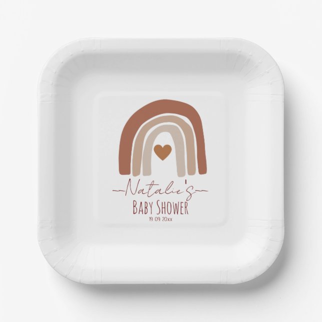 Plato De Papel Boho bohemio acuarela bebé ducha arco iris (Anverso)