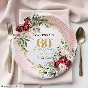 Plato De Papel Boho Borgoña Oro Floral Elegante 60 Cumpleaños
