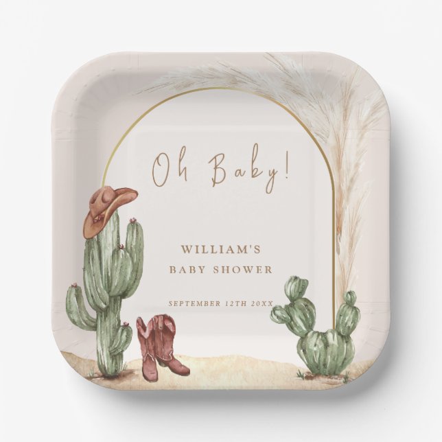 Plato De Papel Boho Cactus Arch Desert Cowboy Baby Shower (Anverso)