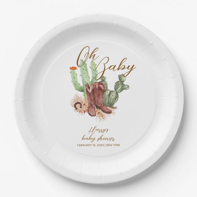 Plato De Papel Boho Cactus Cowboy moderno zapata Baby Shower (Anverso)