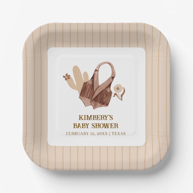 Plato De Papel Boho Cactus Cowgirl Neutral ruso Baby Shower (Anverso)