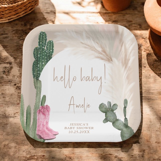 Plato De Papel Boho cactus pampas botas de vaquero hola ducha de  (Boho cactus pampas cowboy boots hello baby shower paper plates)
