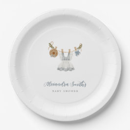 Plato De Papel Boho Clothesline color de agua azul y blanco Chica