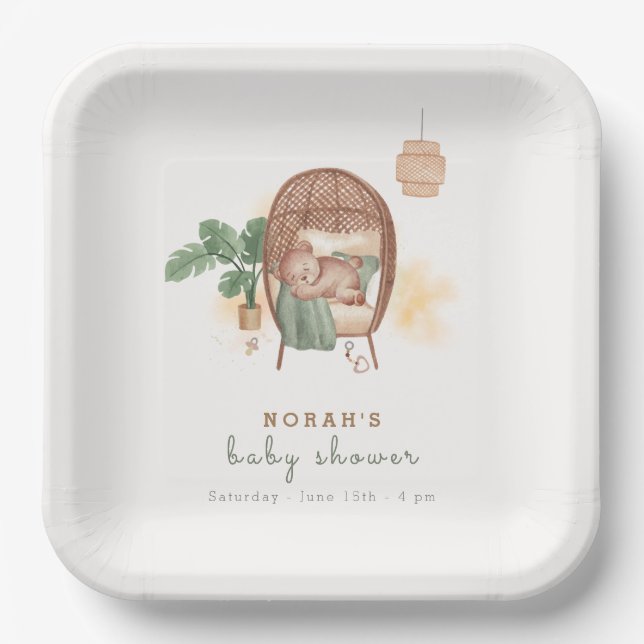 Plato De Papel Boho Cosy Teddy Bear Sleep Baby Shower (Anverso)