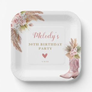 Plato De Papel Boho Cowgirl Boot Pampas Grass Rosas Cumpleaños