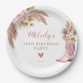 Plato De Papel Boho Cowgirl Boot Pampas Grass Rosas Cumpleaños