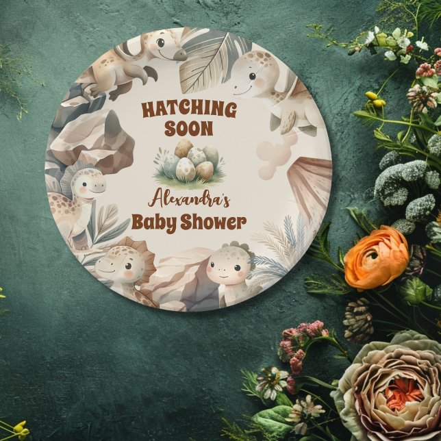 Plato De Papel Boho Cute Hatching pronto Dinosaur Baby Shower (Subido por el creador)