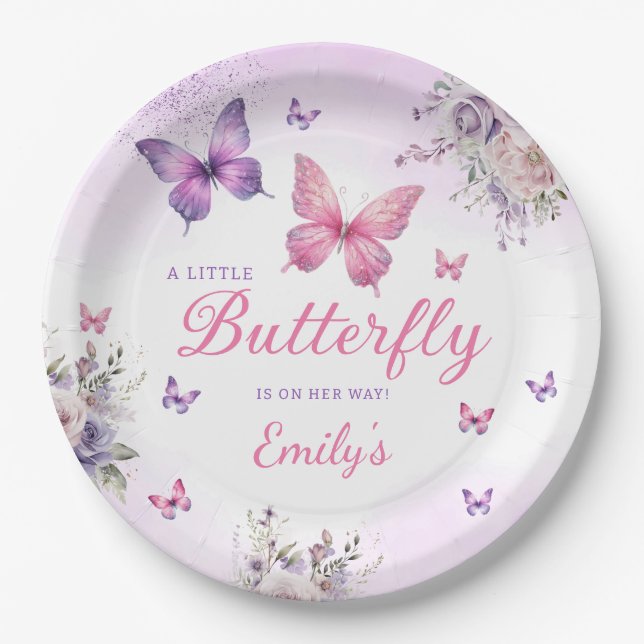 Plato De Papel Boho Cute Morple Butterfly Chica Floral bebé Ducha (Anverso)