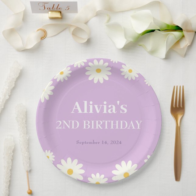 Plato De Papel Boho Daisy Two Floral Purple Bohemian Segundo Cump (Boda)