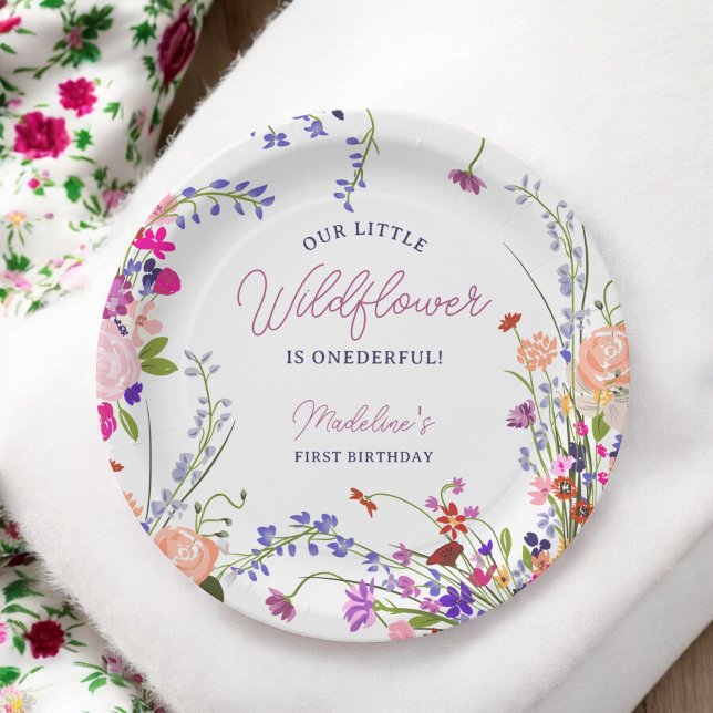 Plato De Papel Boho de la Primavera Cuta Moderna (Modern Cute Spring Boho Wildflower First Birthday Paper Plates)