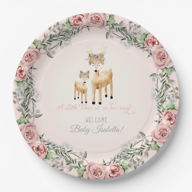 Plato De Papel BOHO Deer Antler Rosa Floral Baby Girl Shower Art (Anverso)