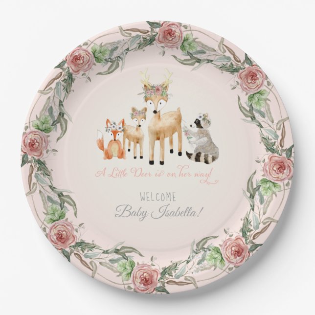 Plato De Papel BOHO Deer Antler Woodland Animales Baby Girl (Anverso)