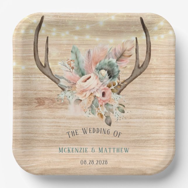 Plato De Papel Boho Deer Antlers y Boda de la madera de Florencia (Anverso)