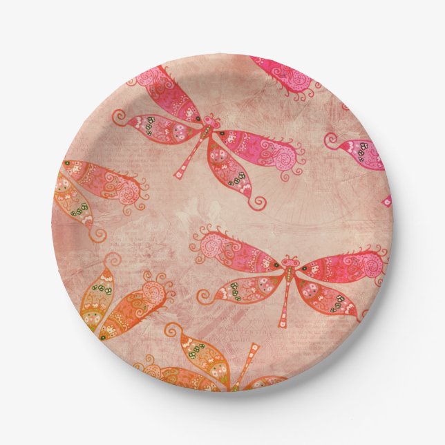 Plato De Papel Boho Dragonflies en rosa (Anverso)