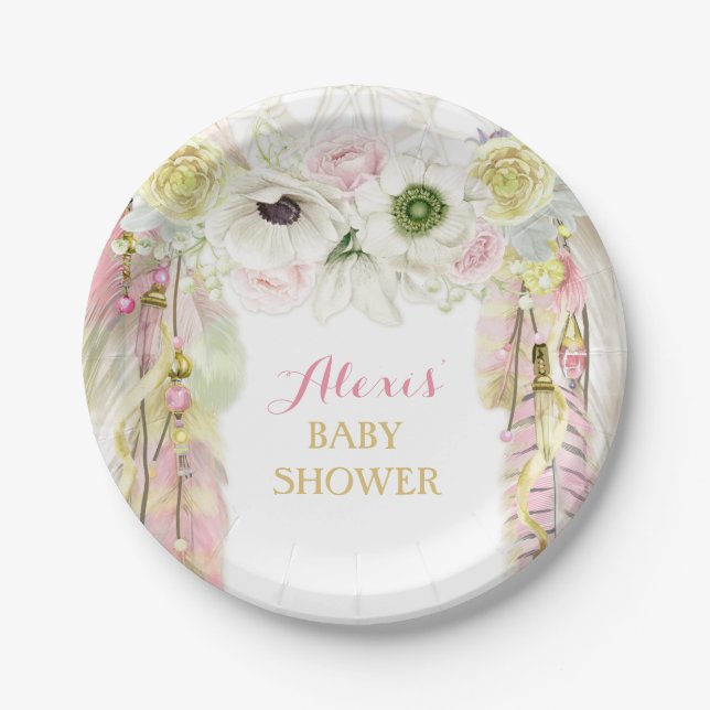 Plato De Papel Boho Dream Catcher Feather Tribal Amarillo (Anverso)