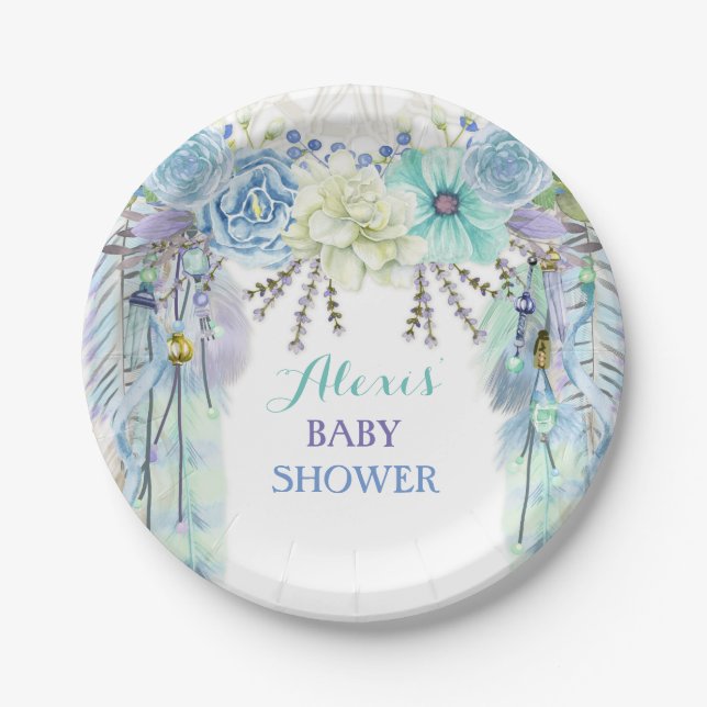 Plato De Papel Boho Dream Catcher Feather Tribal Aqua Blue (Anverso)