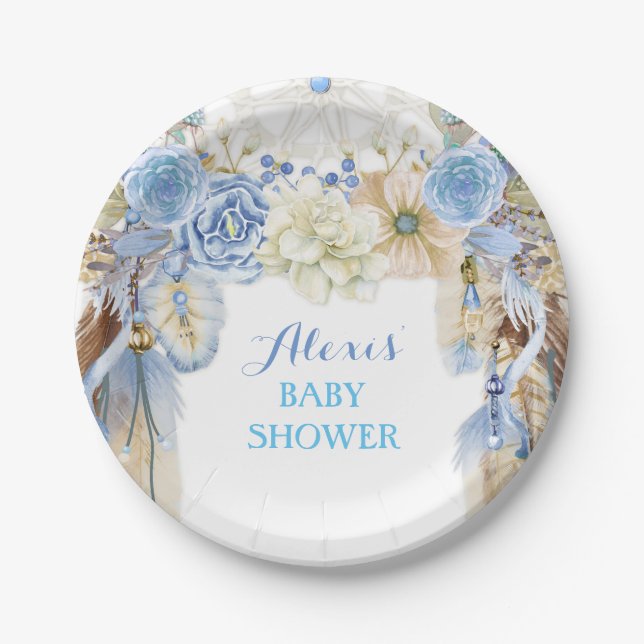 Plato De Papel Boho Dream Catcher Feather Tribal Blue Ivory (Anverso)