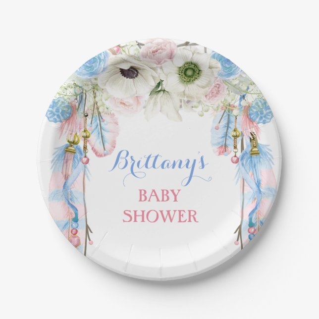 Plato De Papel Boho Dream Catcher Feather Tribal Blue Pink (Anverso)