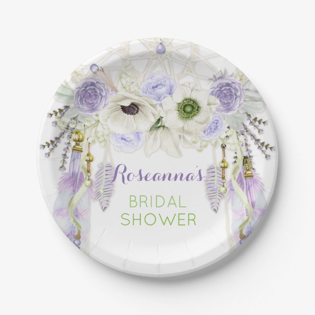 Plato De Papel Boho Dream Catcher Feather Tribal Lavender (Anverso)