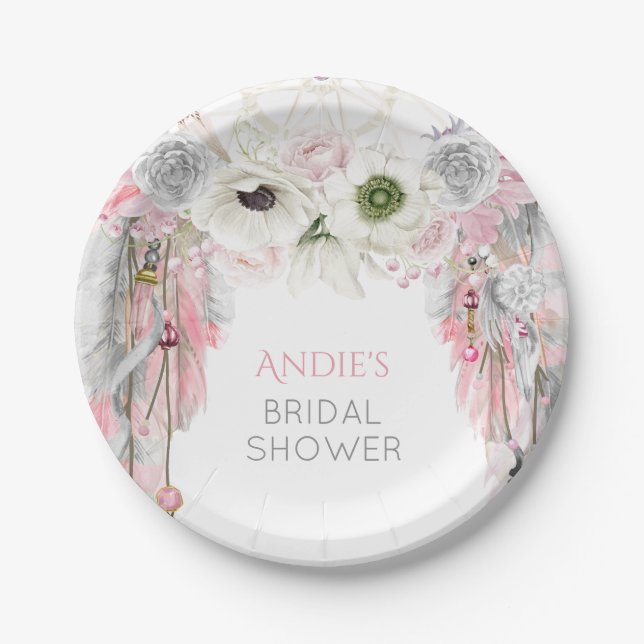 Plato De Papel Boho Dream Catcher Pink Gray Feathers Crystals (Anverso)
