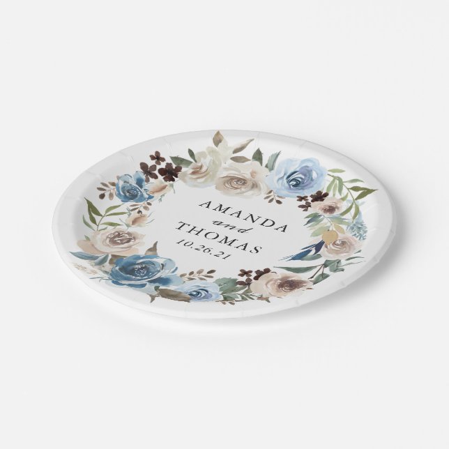 Plato De Papel Boho Dusty Blue Beige Floral Wreath Boda (Angular)
