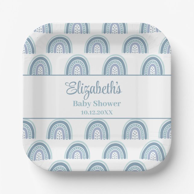 Plato De Papel Boho Dusty Blue Rainbow Baby Shower (Anverso)