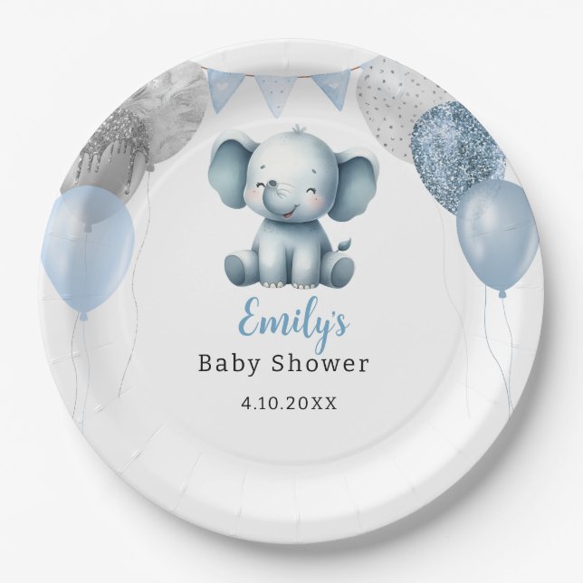 Plato De Papel Boho Elephant Boy Balloons Baby Shower (Anverso)