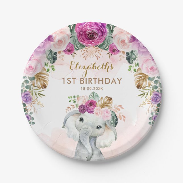 Plato De Papel Boho Elephant Wild One Birthday Baby Shower (Anverso)