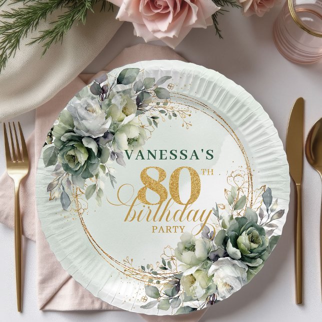 Plato De Papel Boho Eucalipto Verde Dorado Cumpleaños 80 Evento   (Boho Eucalyptus Green Gold 80th Birthday Event Plates)