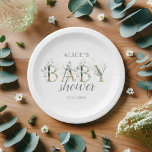 Plato De Papel Boho Eucalyptus deja Baby Shower<br><div class="desc">Elevar la ducha de bebé con nuestros placas de papel personalizado, cuidadosamente diseñadas para un día especial. El nombre de la futura madre, colocado de manera destacada, está elegantemente escrito en serif. Debajo, "Baby" se destaca en un audaz serif, bellamente adornado con delicadas hojas de eucalipto. La palabra "ducha" fluye...</div>